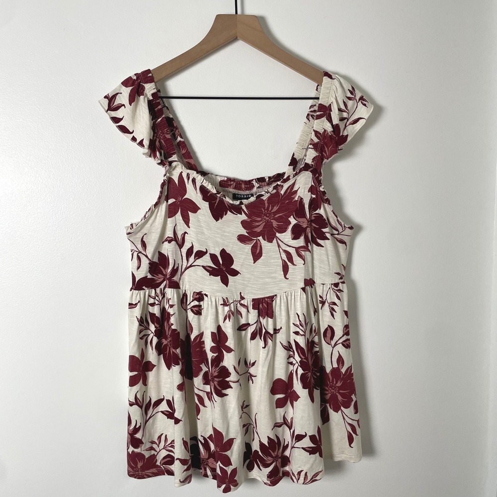 Torrid Babydoll Tank Top Women 1 White Burgundy Floral Flutter Fairy Cottagecore